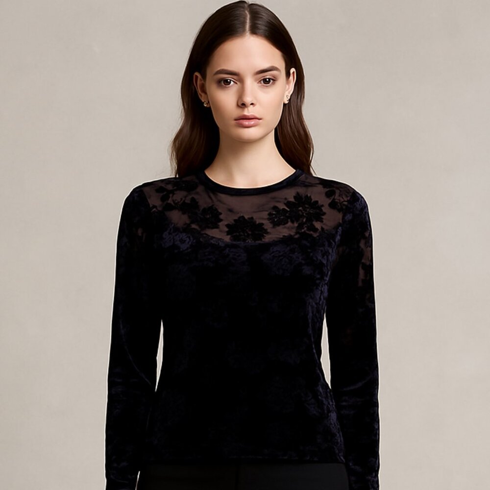 DONNA Black Velvet Floral Burnout Accented Top 90's Goth Vamp  Size L